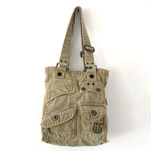 Rare G-Star Olive Green Khaki Canvas Tote Bag Adjustable Straps Street Military